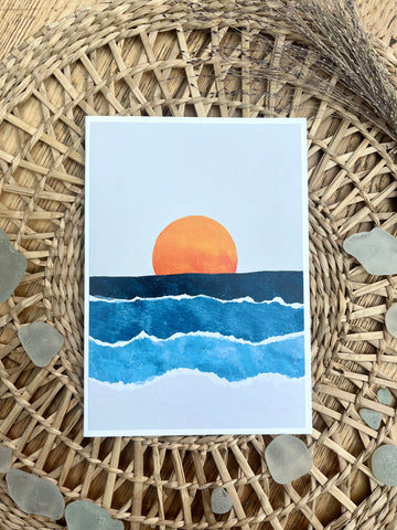 Hand illustrated Card with Orange Sunrise over 4 tone blue sea