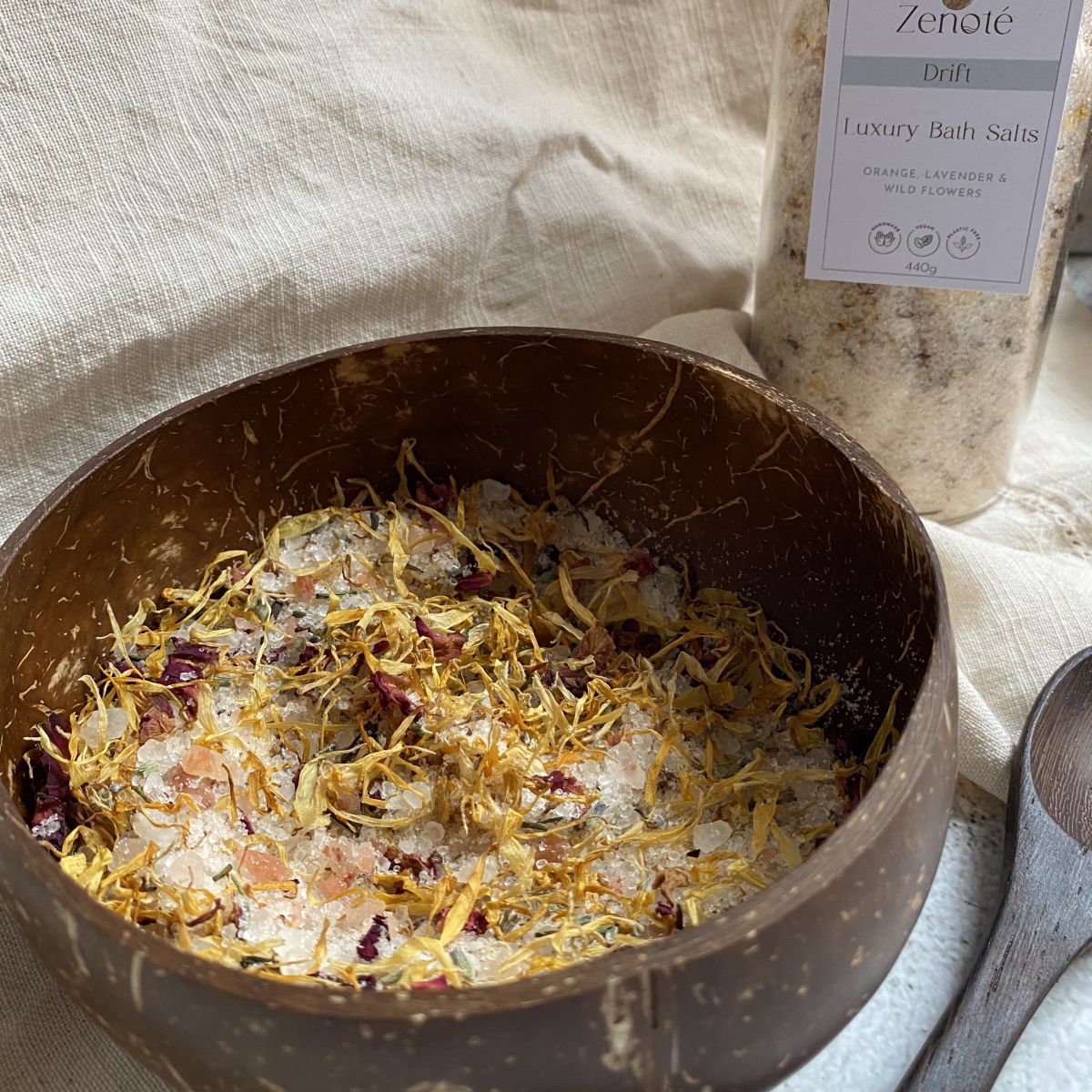 Botanical Salts With Wild Rose & Lavender Petals In A Coconut Bowl