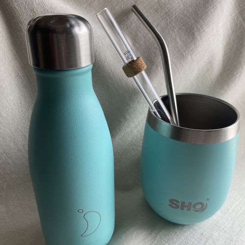 Blue Re-usable Cup with Glass & Metal Straw Inside & Small Refillable Bottle