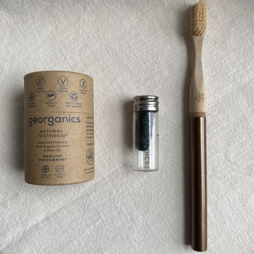 Dental Floss in a glass jar, Bamboo Toothbrush & Toothpaste Soap