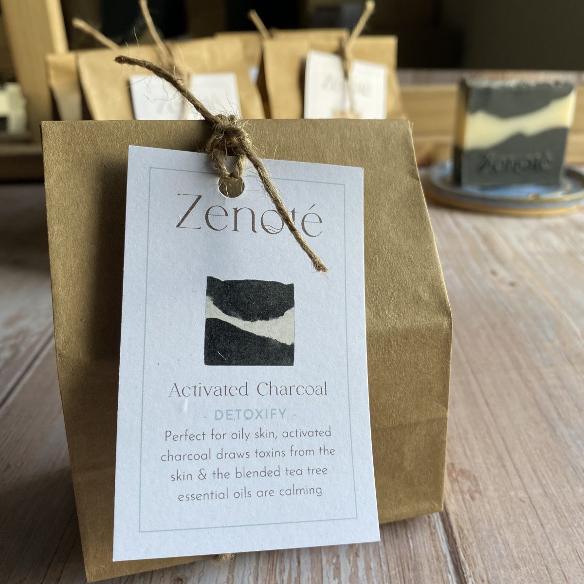 Gift Wrapped Activated Charcoal Soap in Brown Bag with Tag