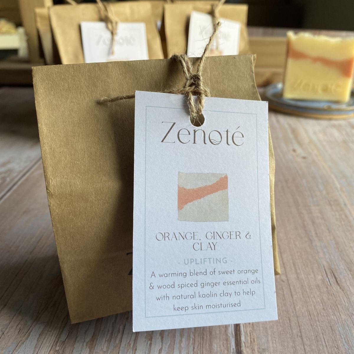 Gift wrapped Single Orange & Ginger Soap in Brown Bag With Tag