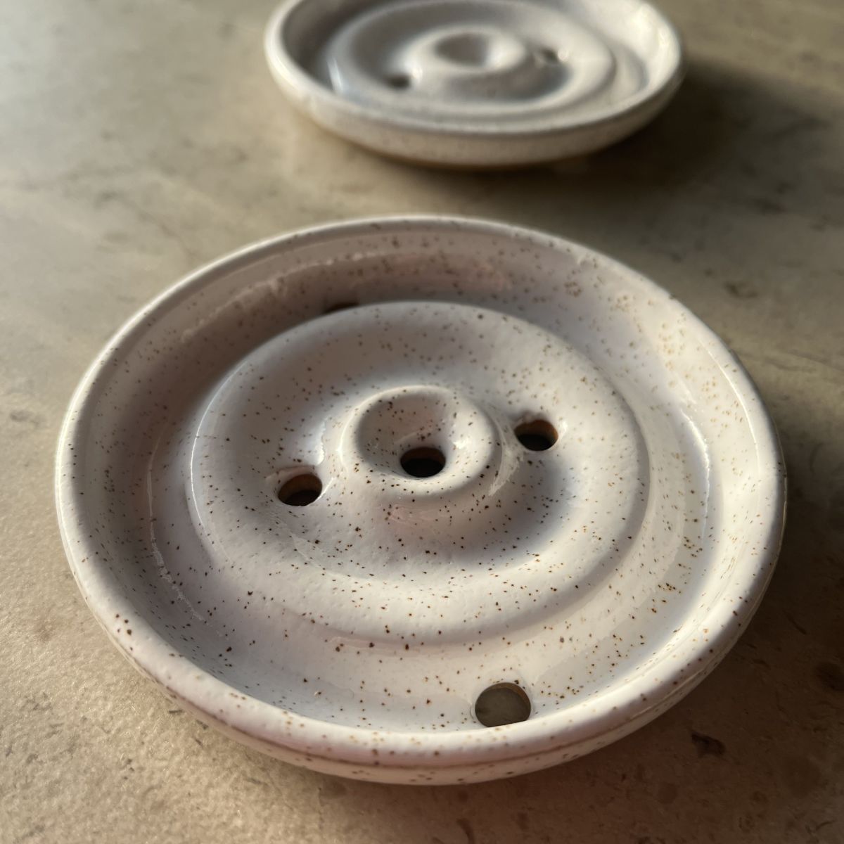 Round, White Speckled Ceramic Soap Dish